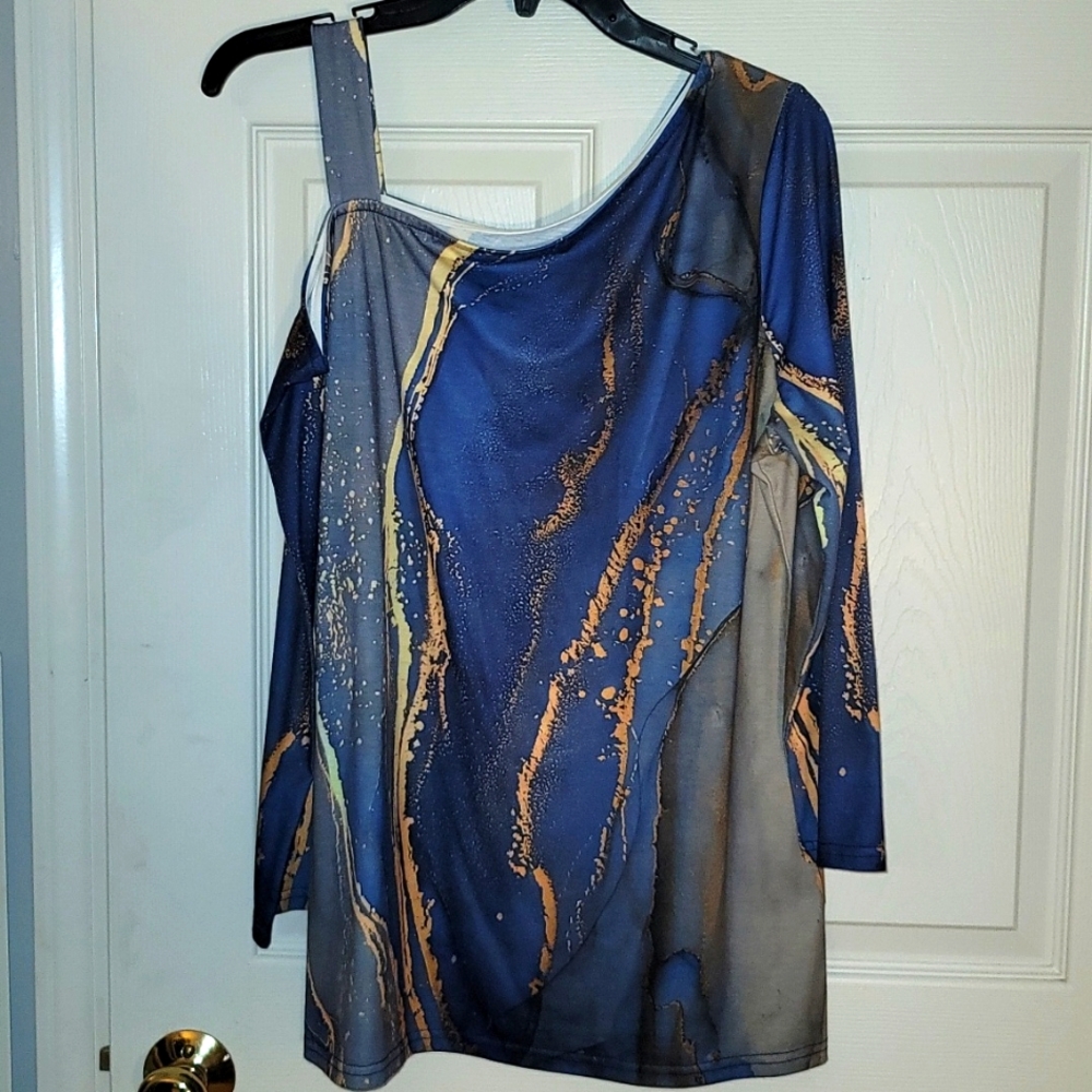 Blue Top with gold and yellow designs, size XL